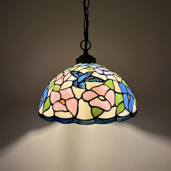 Tiffany Pendant Lights Fixture Pink Blue Stained Glass Hummingbird Flowers LED Bulb 12”W*12”D*60”H