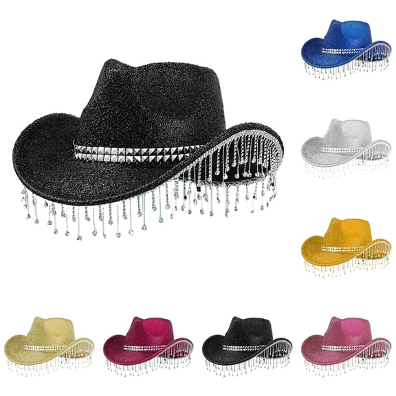 Sequined Cowboy Hat with Tassel Pendants Music Dance Elegant Western Headwear