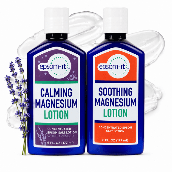Epsom-It Soothing and Calming Magnesium Lotion 2 Pack Bottle Bundle, for Relaxation and Muscle Stiffness, 1 Lavender and 1 Fragrance-Free Bottle, Fast Absorbing with Shea Butter, 6 oz Each