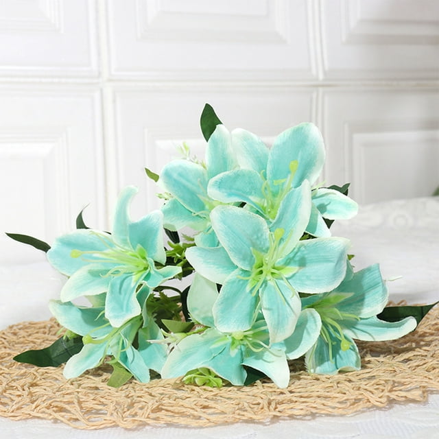 Ramo de lirios artificiales de seda | Arreglo floral artificial para decoración del hogar | Centro de mesa de 35 cm para sala de estar | Incluye 1 pieza en azul, rojo, amarillo, blanco o rosa