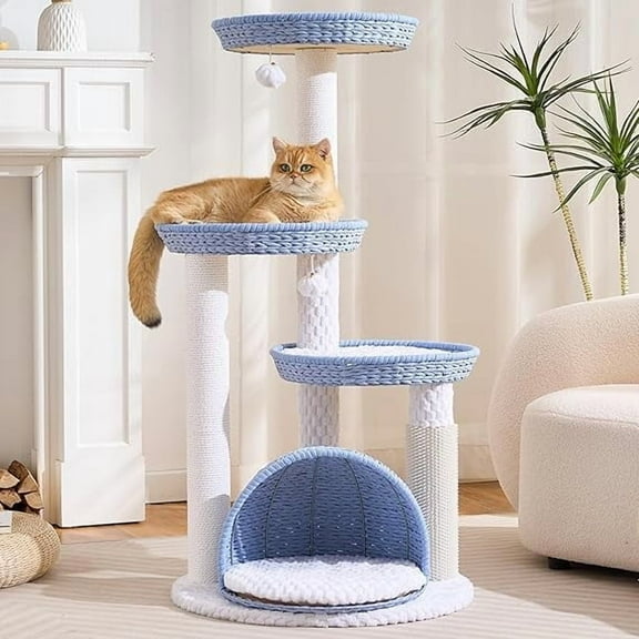 HITTITE Modern Cat Tree Tower with Scratching Post, 46 Inches Tall Cat Towers with Woven Cat Nests and Cave, Removable Cushions and Massage Brush for Indoor Cats Large Adult.