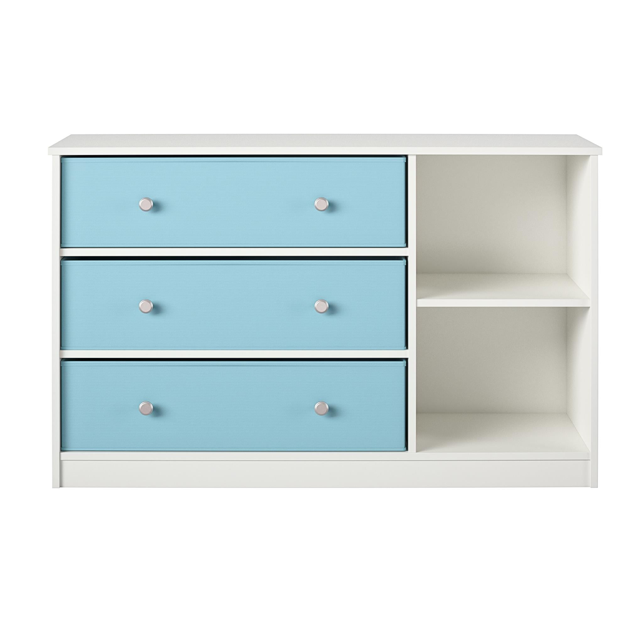 Mya Park Wide Dresser with 3 Fabric Bins, White w/ Blue Bins 
