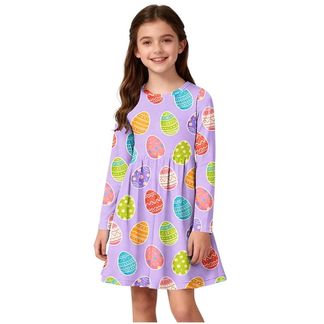 Vestido de manga larga con cuello redondo para niñas, vestido elástico de manga larga, corte A, estilo patinador con volantes, vestido de recital escolar, vestido de manga larga con cuello redondo par