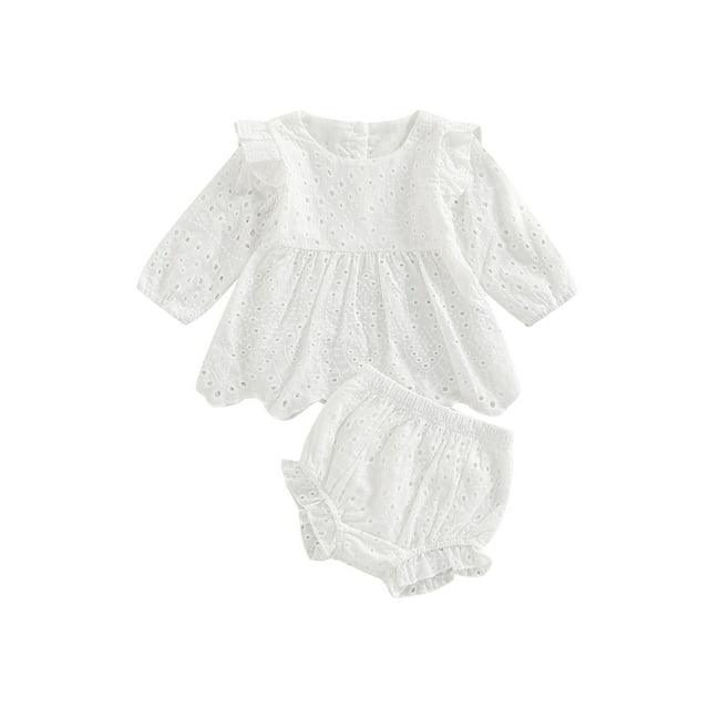 Fortune Baby Girls Solid Hollow Out Long Sleeve Ruffles Tops+Bloomers Shorts 0-24M