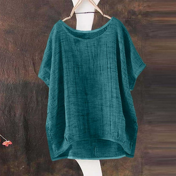 Women's Short Sleeve T-shirt Women'S Summer Short Sleeve Solid Casual Loose Linen Top,Blue Women's Short sleeve T-shirt L