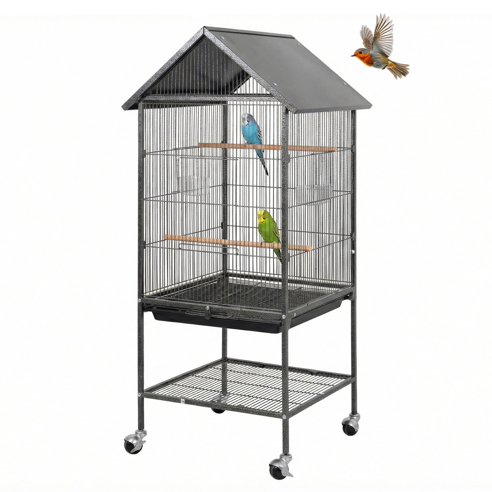 Indoor Outdoor Bird Cage, 47.2 Inch Tall Metal Cage with Rolling Wheels and Bottom Shelf for Garden Backyard