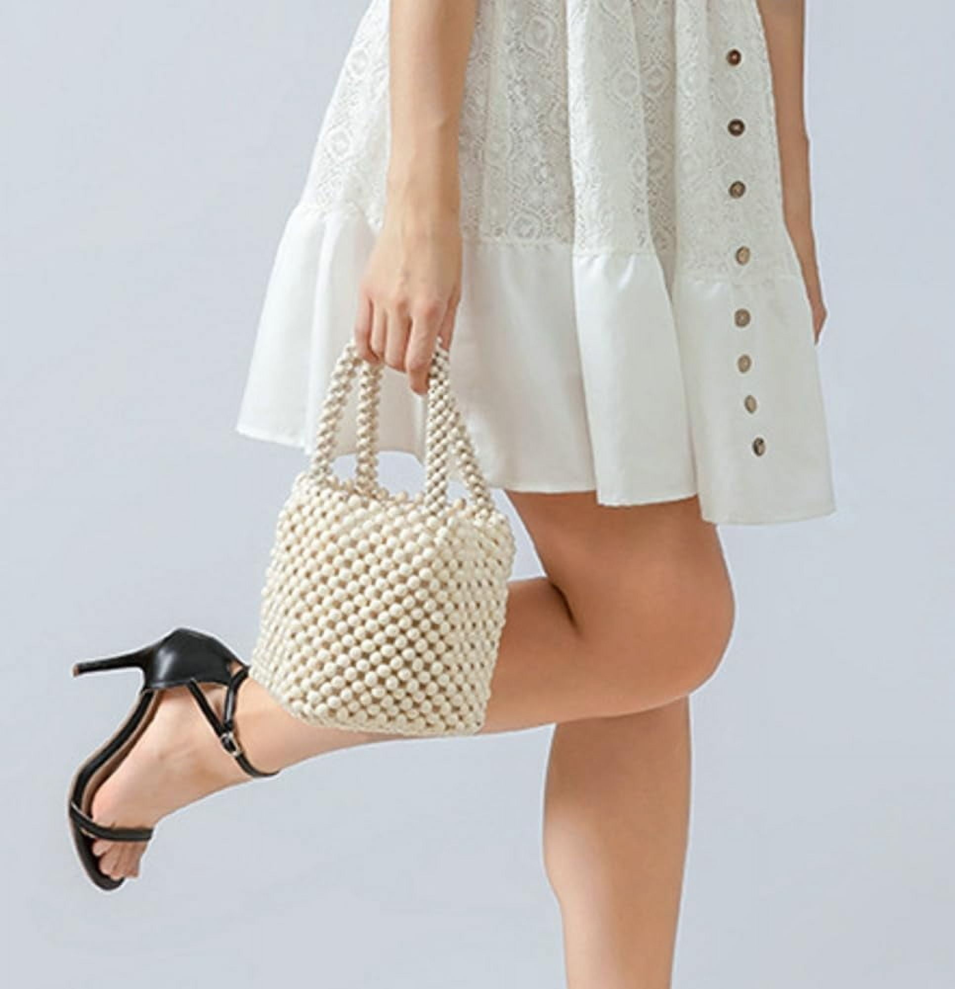 Handwoven Handbags for Women Wood Beads Hollow Mini Hobo Purses Summer Beach Totes Evening Bucket Bags for Party