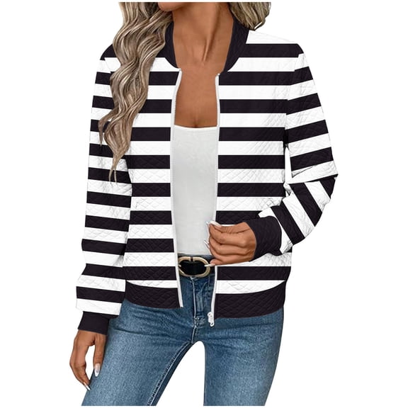 Striped Stand-Up Collar Jackets for Women, Lightweight Zipper Sweatshirts with Pockets, Fall Casual Work Tops