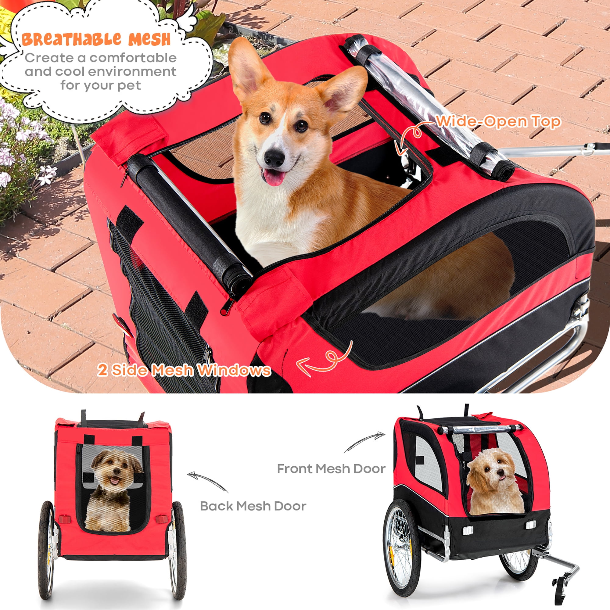 Costway Dog Bike Trailer Foldable Pet Cart w 3 Entrances for Travel