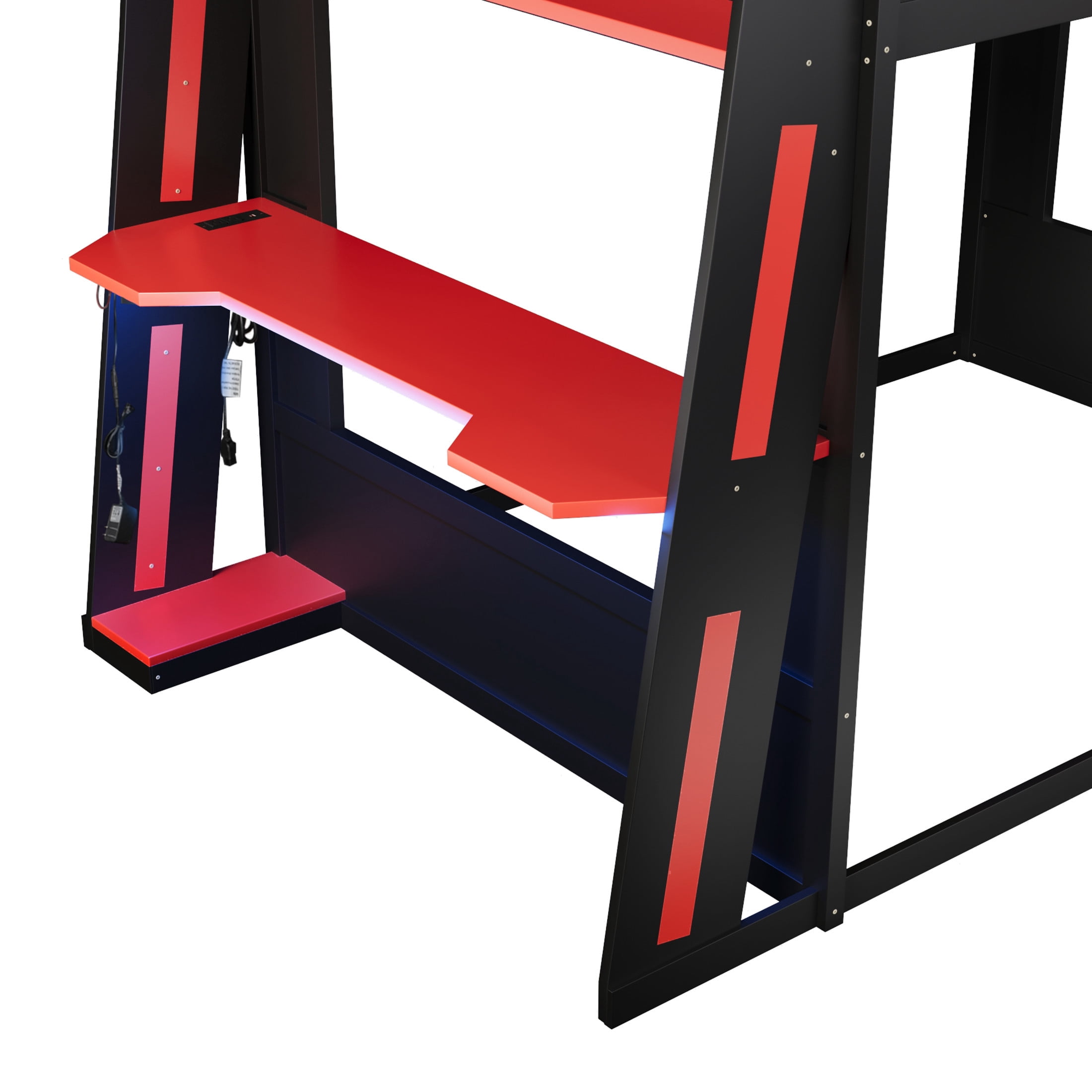 Noble House Nira Queen Gaming Bunk Bed with Desk and LED Lights, Wood Loft Bed with Charging Ports, Black and Red