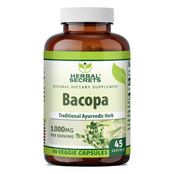 Herbal Secrets Bacopa Powder 1000 Mg Per Serving 90 Capsules Supplement | Bacopa monnieri (leaf) | Non-GMO | Gluten Free
