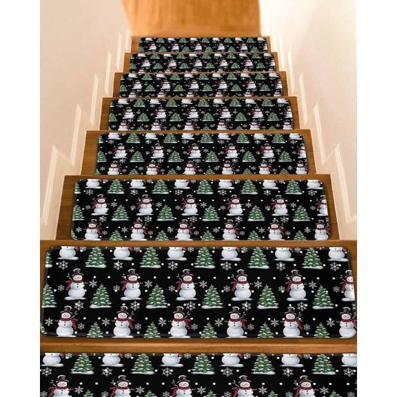 Black Christmas Snowman Stair Treads for Wooden Steps Indoor Runner Rug Carpet,Winter Snowflakes Xmas Tree Forest 4 Pieces Peel and Stick Staircase Step Treads Covers Washable Throw Door Mats,30"x8"