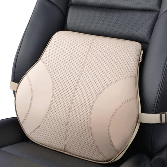 Lumbar Support Pad, Genuine Leather Memory Foam Pillow Cushion Lower Back Cushion for Car and Office Chair with Adjustable Strap (Beige)