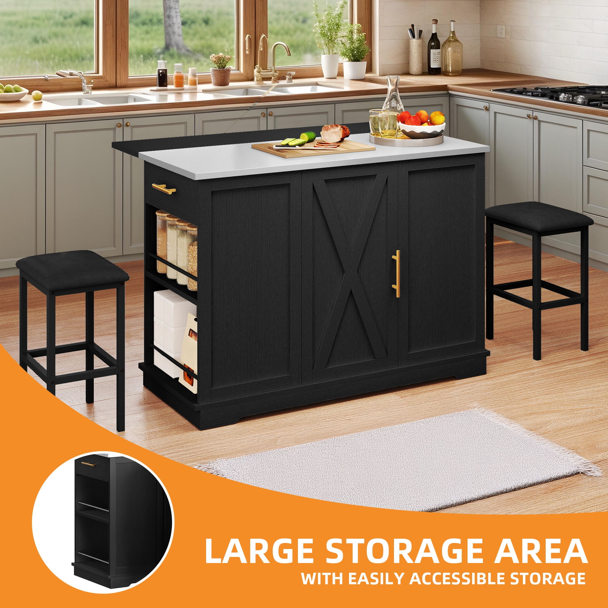 Craftian Kitchen Island with Drop Leaf & Trash Storage, Kitchen Island Table with Stools, Black