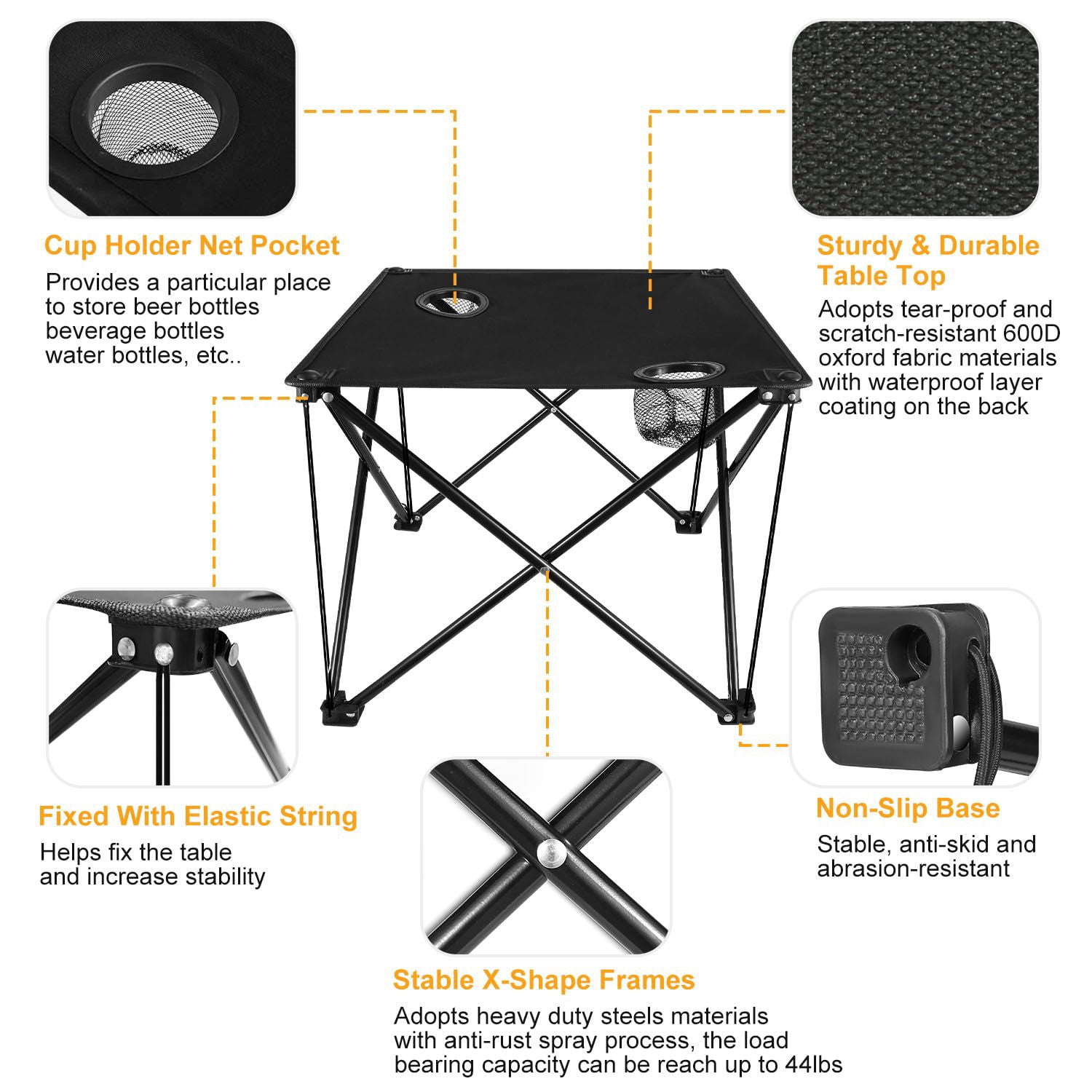 Portable Folding Camp Table 18.5"x18.5", Ultralight 2 lb, 44 lb Load, 600D Oxford Top, Built-in 2 Cup Holders, Pop-Up Setup, Mini Square Table for Picnic, Beach, Tailgate & Travel