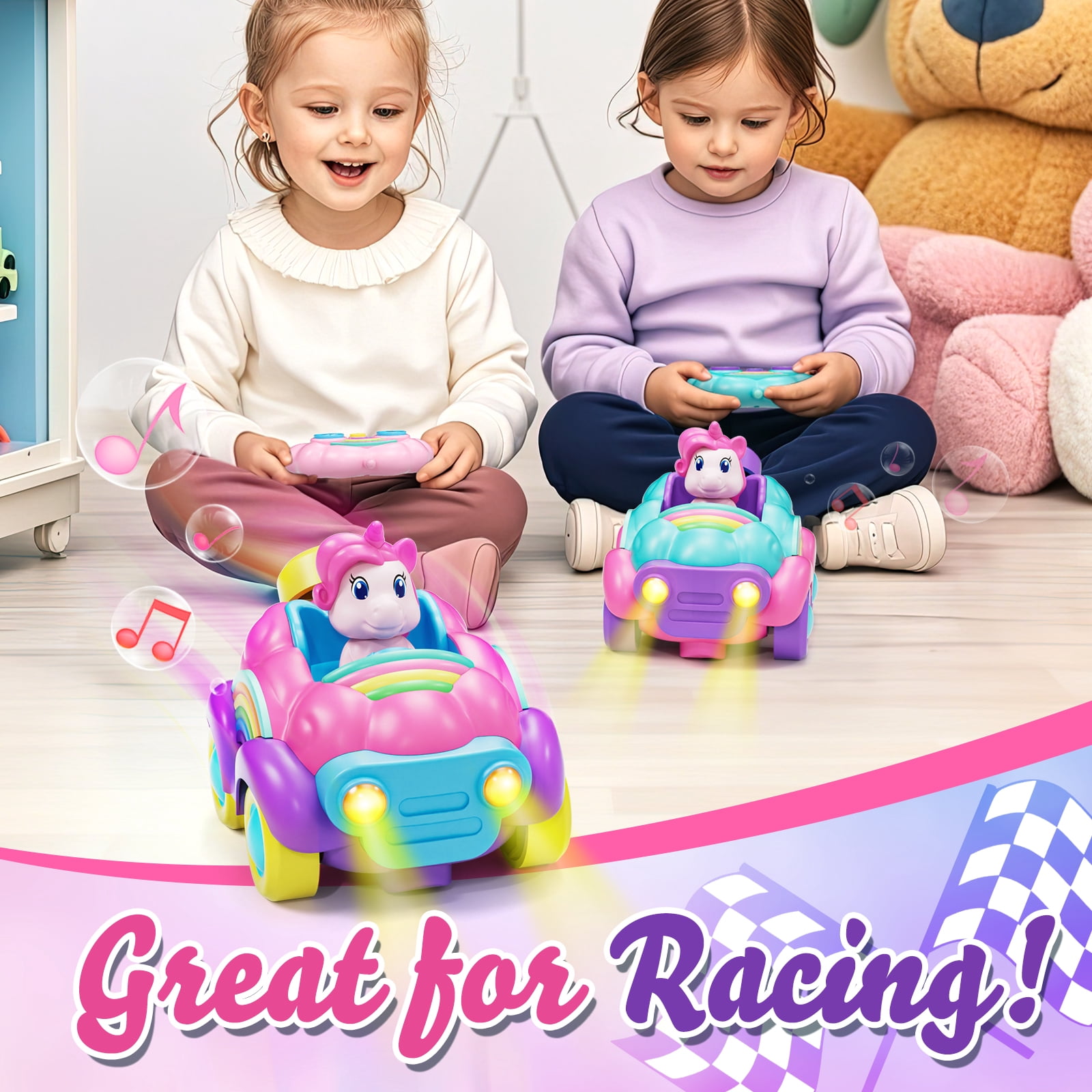 Toddler Girl Toys, Rechargeable Remote Control Car for Toddlers Ages 2-4, Girls Toys, 2 Packs Unicorn Toys RC Cars with Lights & Music, Toys for 2 3 4 Years Old Girls