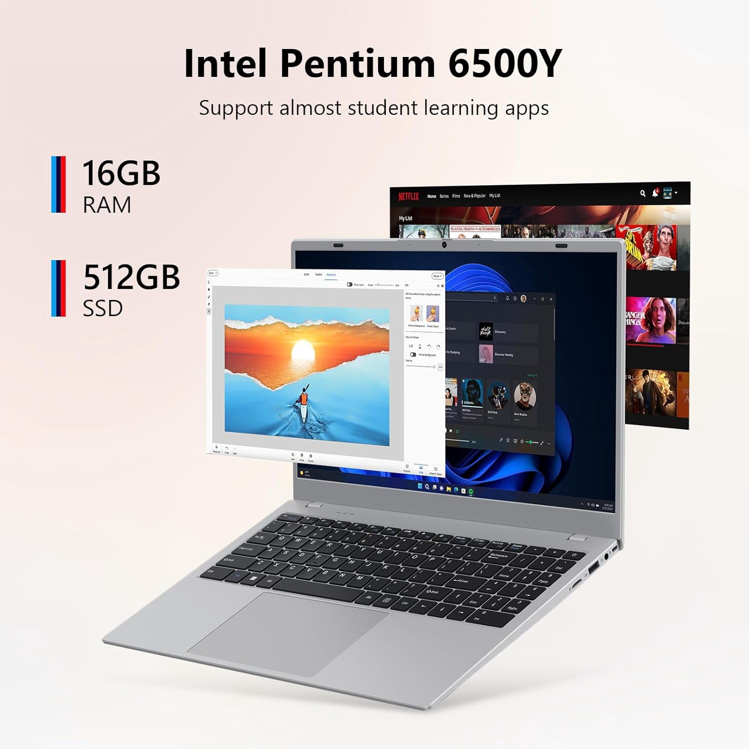 15.6" Laptop Computer Intel Pentium Gold 6500Y up to 3.4GHz 16GB RAM 512GB SSD Full HD Display Privacy Camera WiFi5 Portable Office Notebook for Work and Study