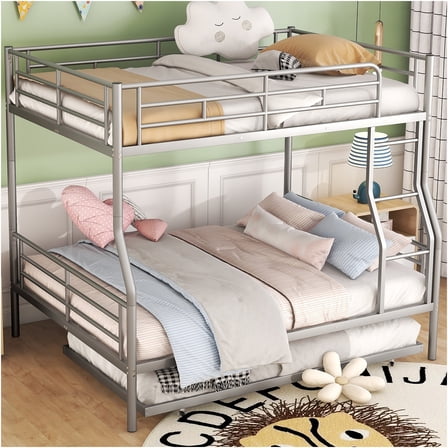 JERFIT XL Over Queen Metal Bunk Bed with Trundle Silver