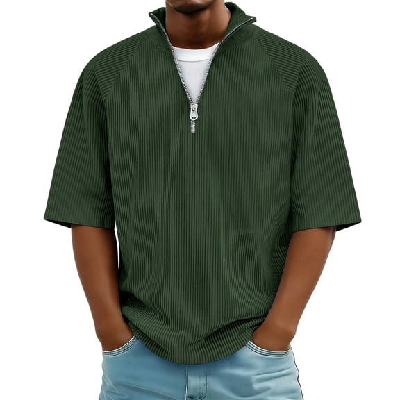 LEKWK Mens Shirt Quarter Zip Short Sleeve Casual Shirts Ribbed Knit Textured Collared Pullover Casual Loose Fit Golf Shirts Lightweight Summer Daily Tops Army Green XXL