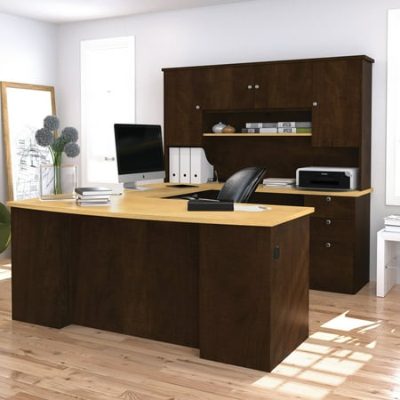 Bestar Manhattan U-shaped Workstation with Lateral File and Bookcase in Secret Maple and Chocolate