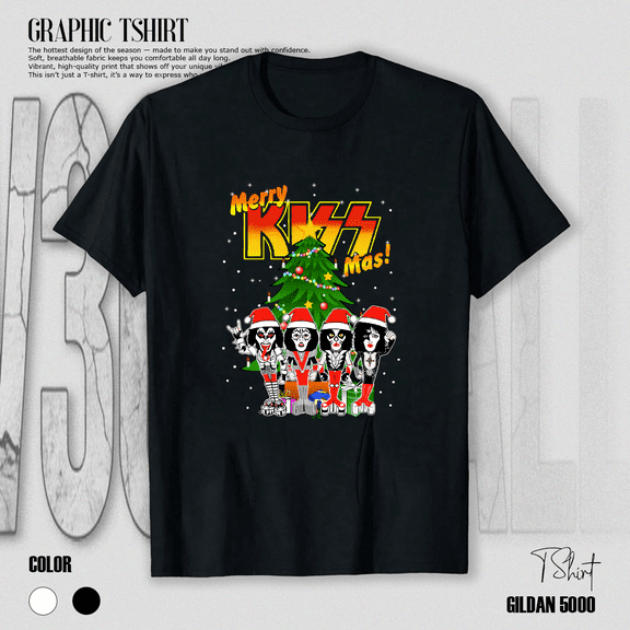Merry Kissmas Rock Band Funny Holiday Tree Festive Music Unisex T-Shirt, up to size 5XL