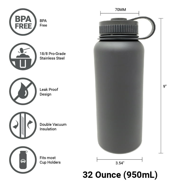 Vmini Water Bottle - Wide Mouth, 18/8 Stainless Steel, Double Wall Vacuum Insulated, New Straw Lid with Wide Handle (Grey, 32 oz)