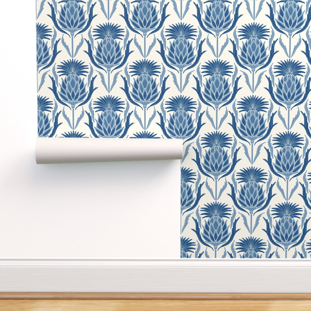 Commercial Grade Wallpaper Swatch - Blue Thistle Pineapple Classic Flower  Boho Traditional Wallpaper by Spoonflower 