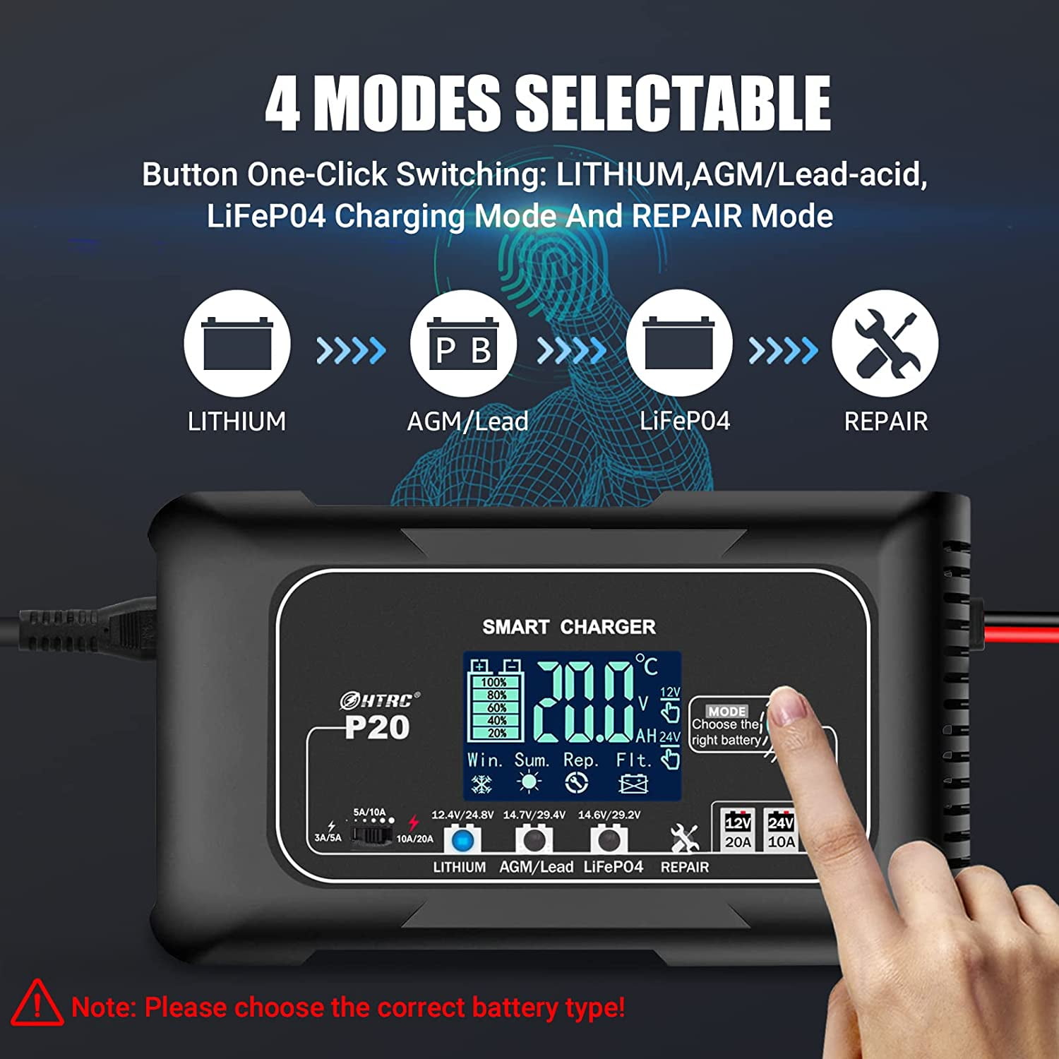 CACHOR 20-Amp Smart Battery Charger,Lithium,LiFePO4,Lead-Acid(AGM/Gel/SLA..) Car Battery Charger,Trickle Charger, Maintainer/deep Cycle Charger,12V/20A and 24V/10A,for Boat,Motorcycle,Lawn Mower,Golf