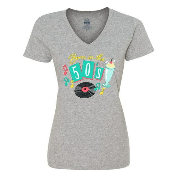Inktastic Born in the 50's Record and Music Notes Women's V-Neck T-Shirt