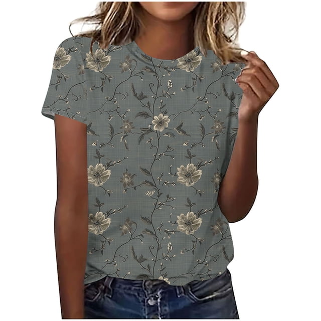 Camisetas de Verano de Manga Corta de las Mujeres Cuello Redondo Impresión Casual de Manga Corta, Ligero Suave