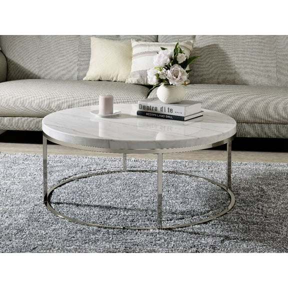 Zaidee's Nickel Finish Coffee Table Has a Beautiful Mable Top for Modern Interiors
