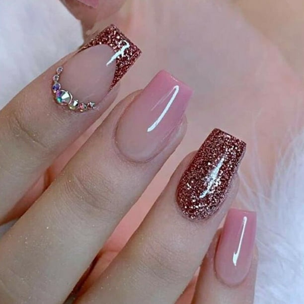 Uñas postizas de cobertura completa, Uñas postizas acrílicas, purpurina, mariposa, diamantes de imitación, color rosa degradado, 24 unidades