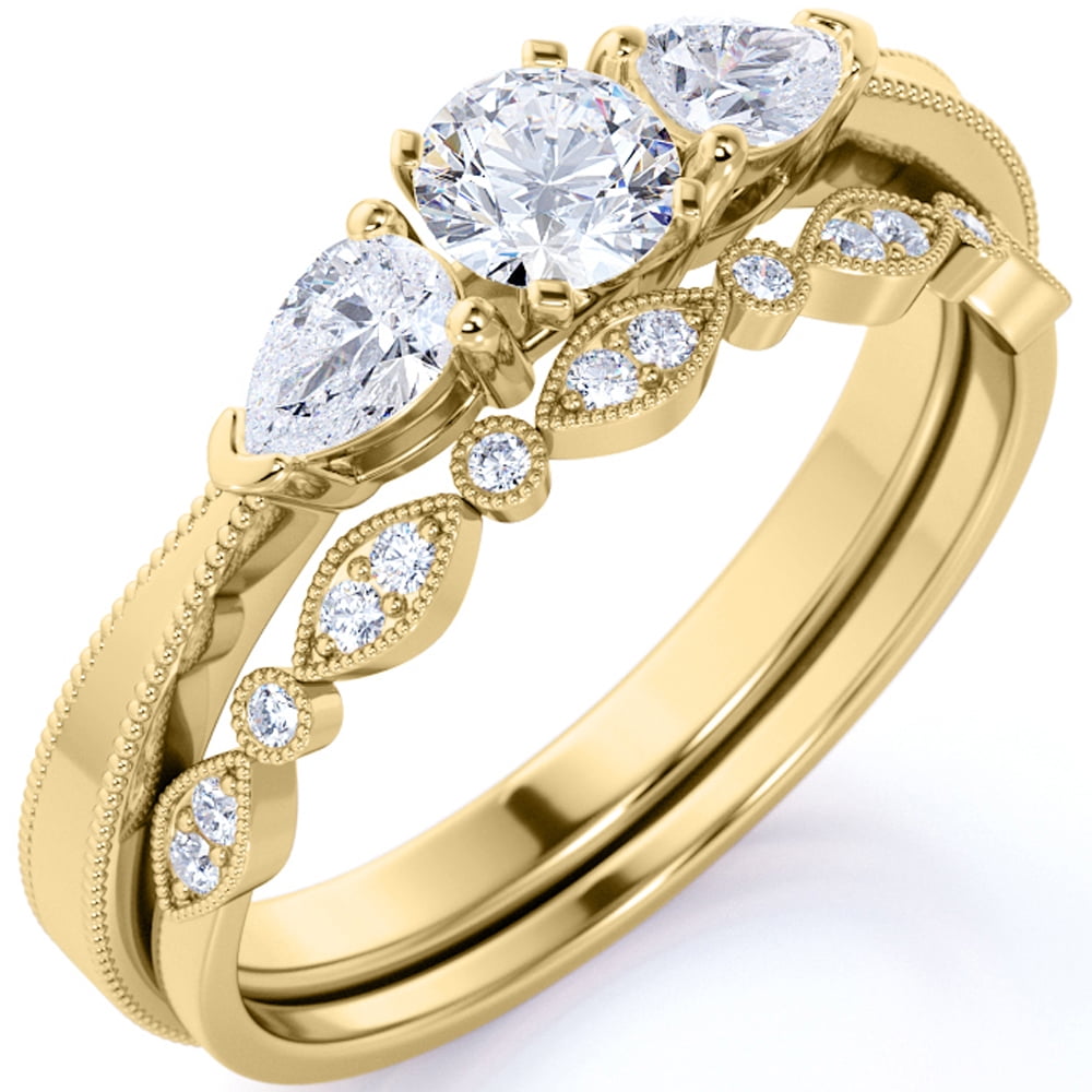 JeenMata 1.75 ct - Round and Pear Shaped Moissanite - Beaded - Three Stone Ring - Past Present Future Ring - Bridal Set - 18K Yellow Gold over Silver