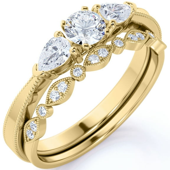 JeenMata 1.75 ct - Round and Pear Shaped Moissanite - Beaded - Three Stone Ring - Past Present Future Ring - Bridal Set - 18K Yellow Gold over Silver