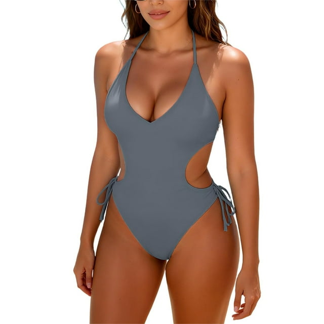 Traje de baño de una pieza para mujer, conjuntos de bikini para mujer, traje de baño bikini de tirantes sin espalda de color liso para mujer, conjunto de bikini con bloques de color y hombros descubie