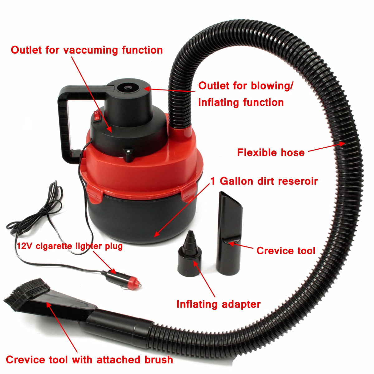 HCMAX 4 in 1 Car Vacuum Cleaner Portable Handheld Multi-Use Dust Buster Wet/Dry 12V 100W with Pressure Gauge LED Light Car Air Compressor Tire Inflator 150 PSI 