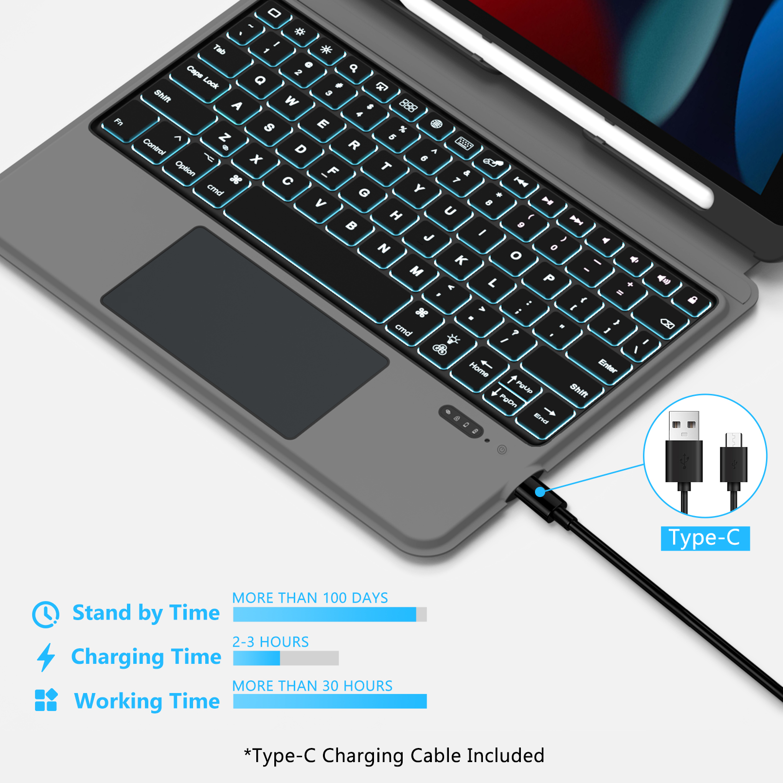 Keyboard for iPad 9/8/7th Gen 10.2'', iPad Air 3rd Gen, iPad Pro 10.5'', with Trackpad,Keyboard Case ,Detachable Wireless Bluetooth Keyboard with Backlit, with Pencil Holder