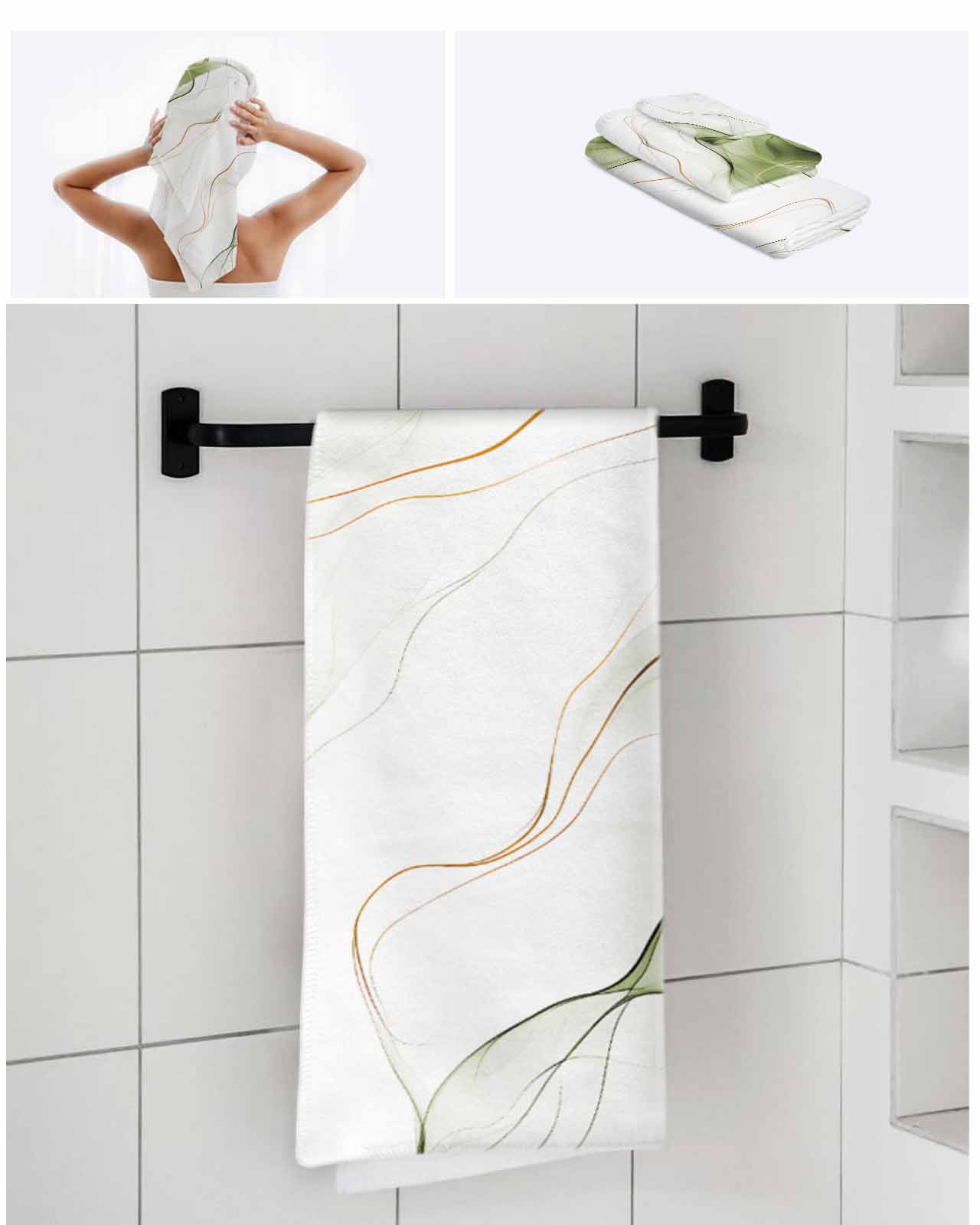 Marble Sage Green Bath Towels for Bathroom Set,Luxury Microfiber Towels Gifts for Women,Beach Kitchen Hand Hair Face Towel and Dish Washcloth,Gold White Modern Gradient Ocean Wavy Towels+Set