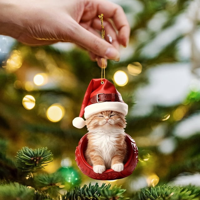 Santa-Hat Cute Cats Series Acrylic Ornaments Festive Felines Hanging Decoration For Christmas Trees