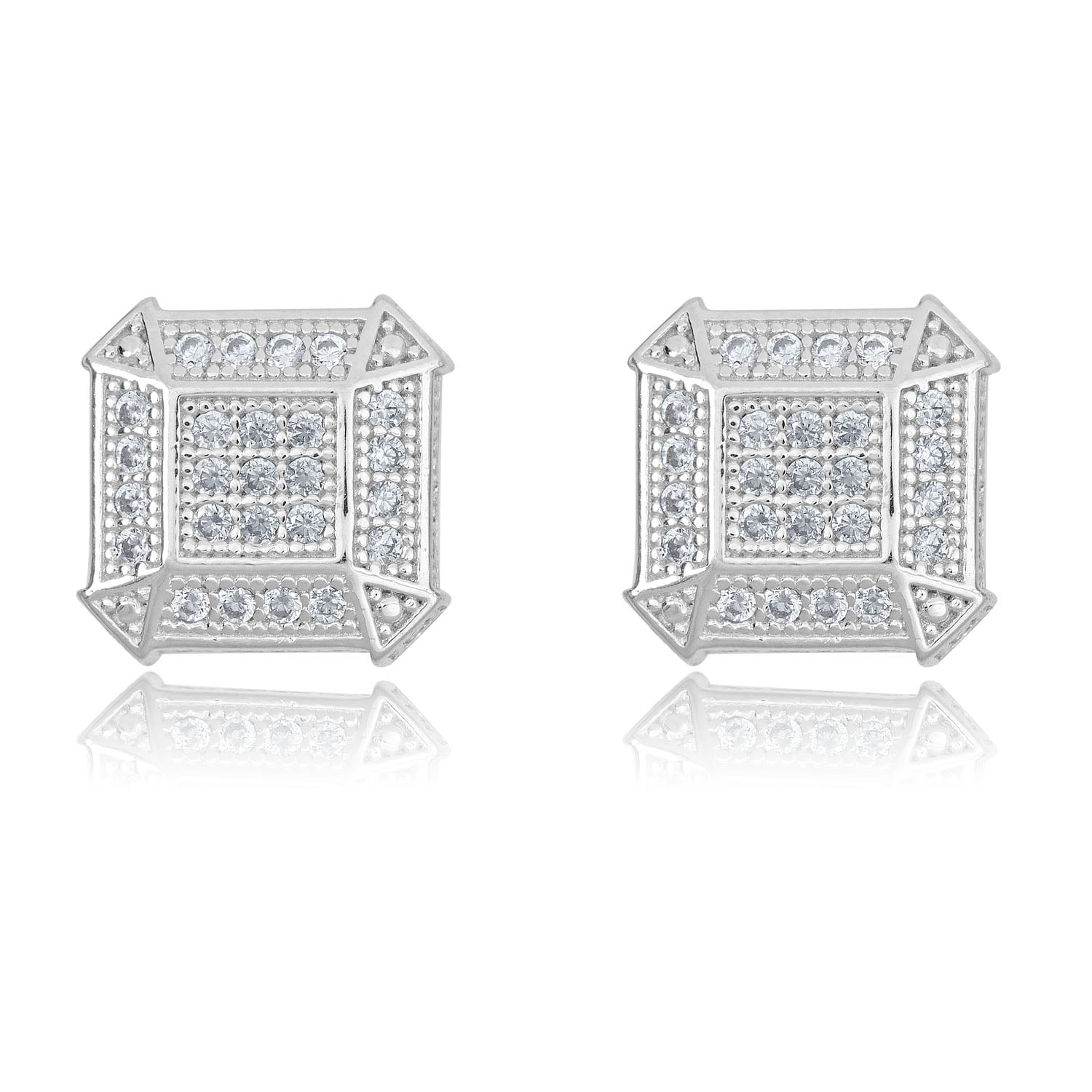 8470 CZ Square Stud Stainless Steel Lab Simulated Diamond .925 Hip Hop Earrings Mens Screw On Back