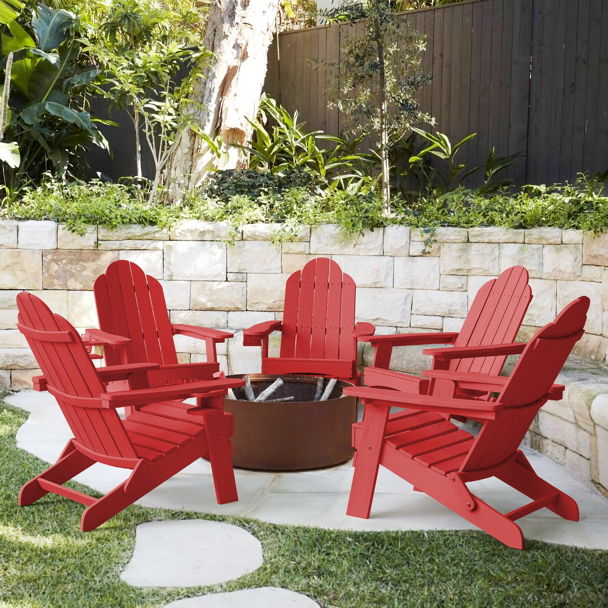 Dycanpo Folding Adirondack Chair Set of 6, Fire Pit Patio Garden Chair with Cup Holder, Bright Red