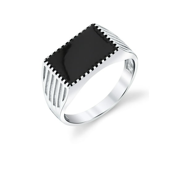 Men's Signet Pinky Ring Sterling Silver Black Enamel Inlay Milgrain Caved 10MM