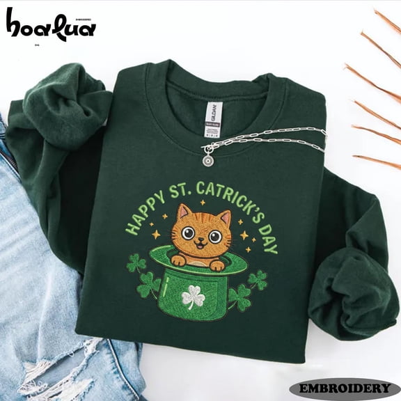 Embroidered Happy St. Catrick's Day Cat Sweatshirt – Perfect Gift for Cat Lovers on St. Patrick's Day