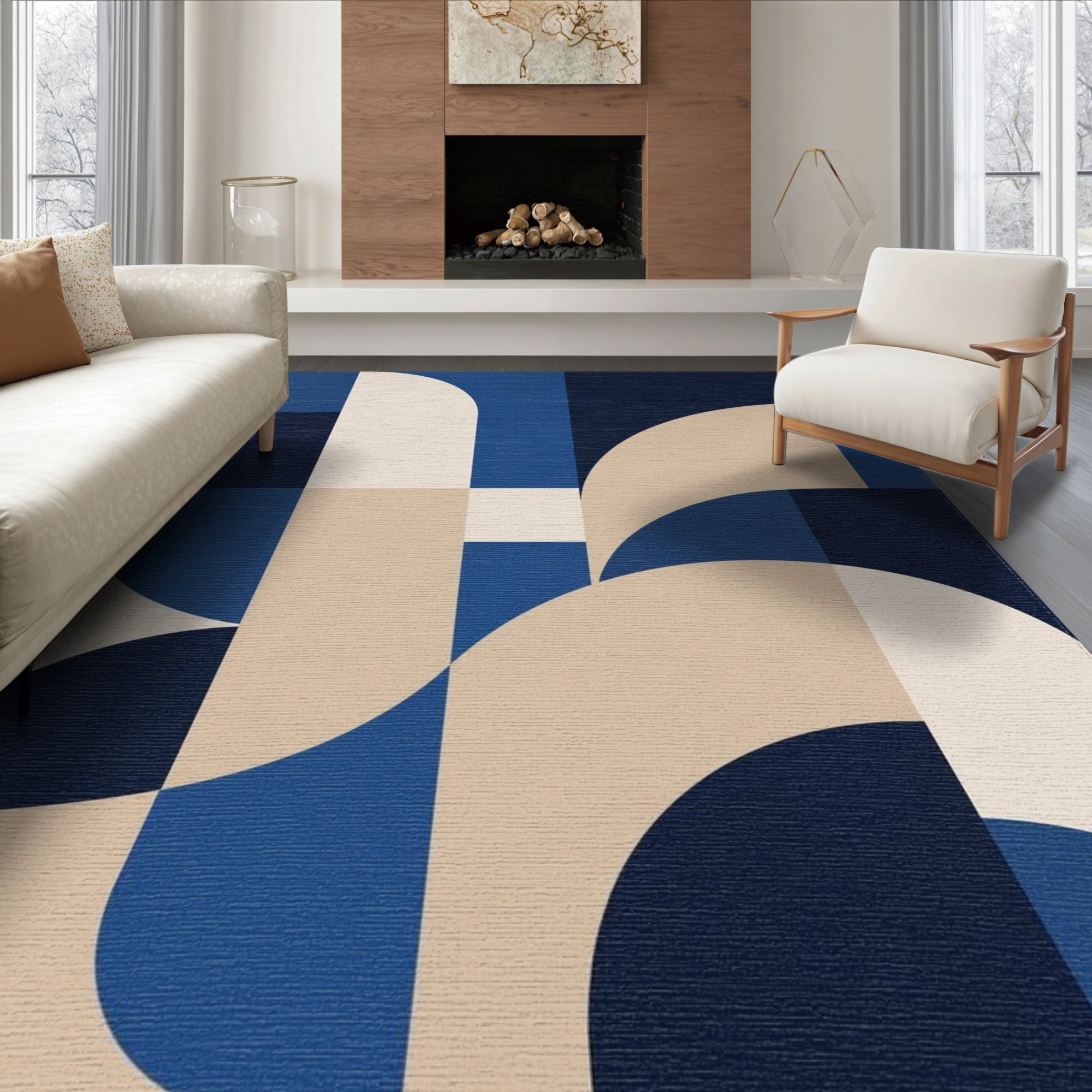 ODIKA 6 x9 Washable Area Rug Non-Slip Chair-Friendly Navy Beige Geometric Design Elegant Abstract Shapes with Contemporary Style for Dining Room Under Table Office D&eacute;cor