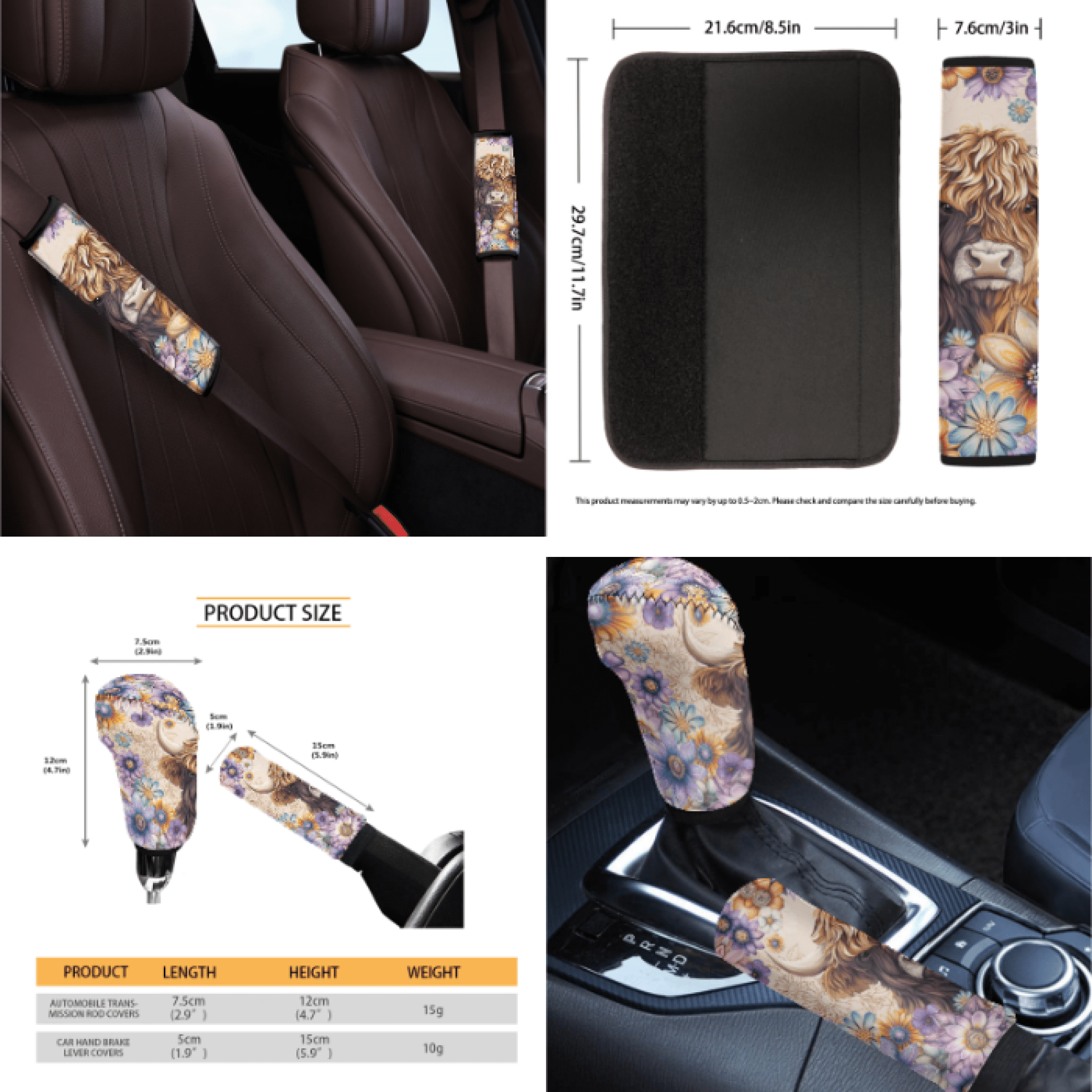 HUIACONG Car Interior Accessory Kit, with Car Cup Coasters Rearview Mirror Protector Car Seatbelt Shoulder Strap Cover, Calf Floral Design Quick Install Personalized