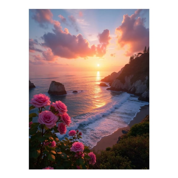 Diamond Art Kit for Adults, Ocean Sunset Roses Beach View Diamond Painting for Adults Beginners, 5D DIY Diamond Art Painting Kits, Colorful Diamond Painting Craft for Home Decor 12x16