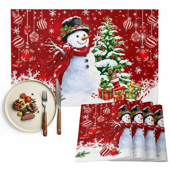 Red Snowman Placemats Set of 6, Christmas Balls Tree Gift Snowflake Table Mats Washable Heat-Insulation Non-Slip Place Mats for Kitchen Dinner Table Indoor Outdoor Decor,13x19 Inch