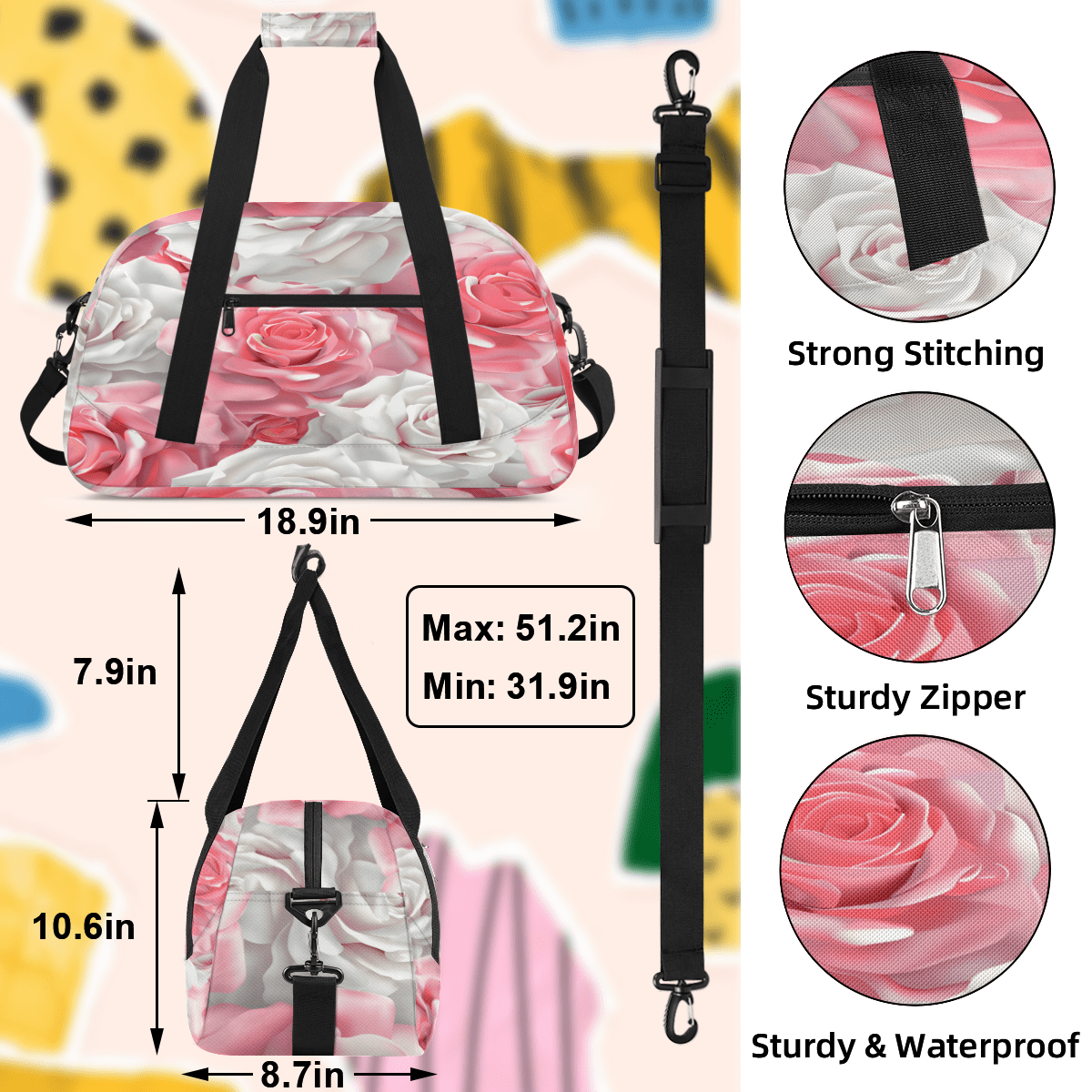 Herdesigns Rose Floral Sports Duffle Bag for Women & Men, Gym Bag Dance Bag Overnight Bag Carry On Weekender Travel Bag