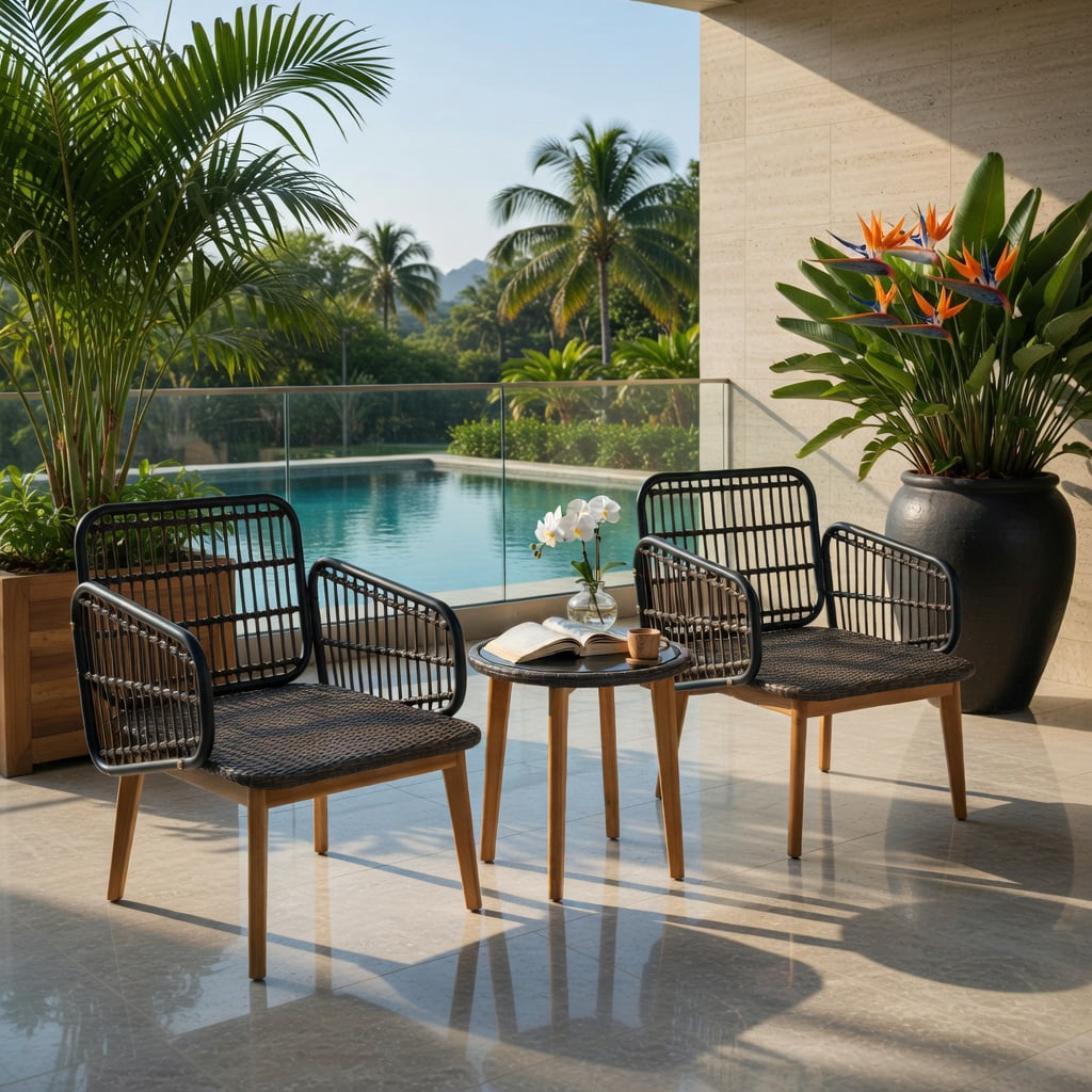 Hommoo 3-Piece Outdoor Patio Furniture Set, PE Rattan Chairs with Tempered Glass Side Table, Acacia Wood Frame, Weather-Resistant Cushions, Black