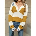 thumbnail image 5 of Womens Striped Lapel Loose Fall Winter V Neck Casual Long Sleeve Color Block Pullover Knit Sweater Yellow & White XL, 5 of 6
